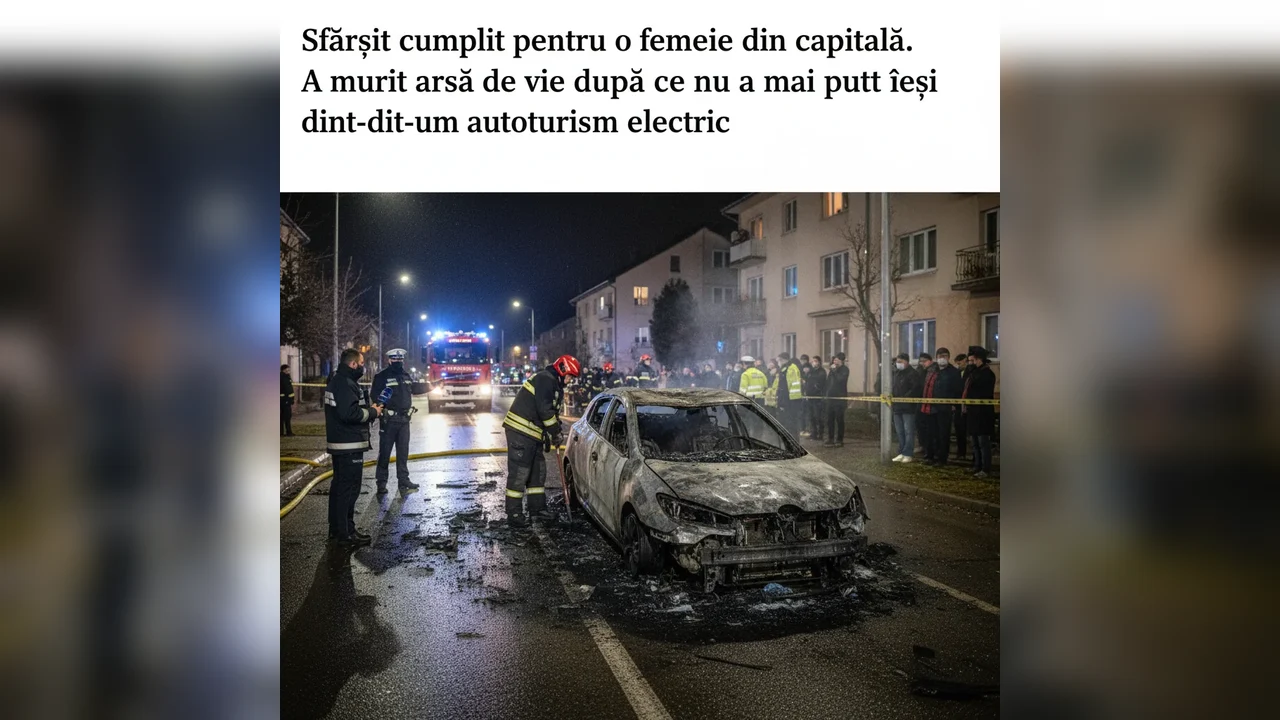 femeie moare carbonizată, blocată într‑o mașină electrică în flăcări