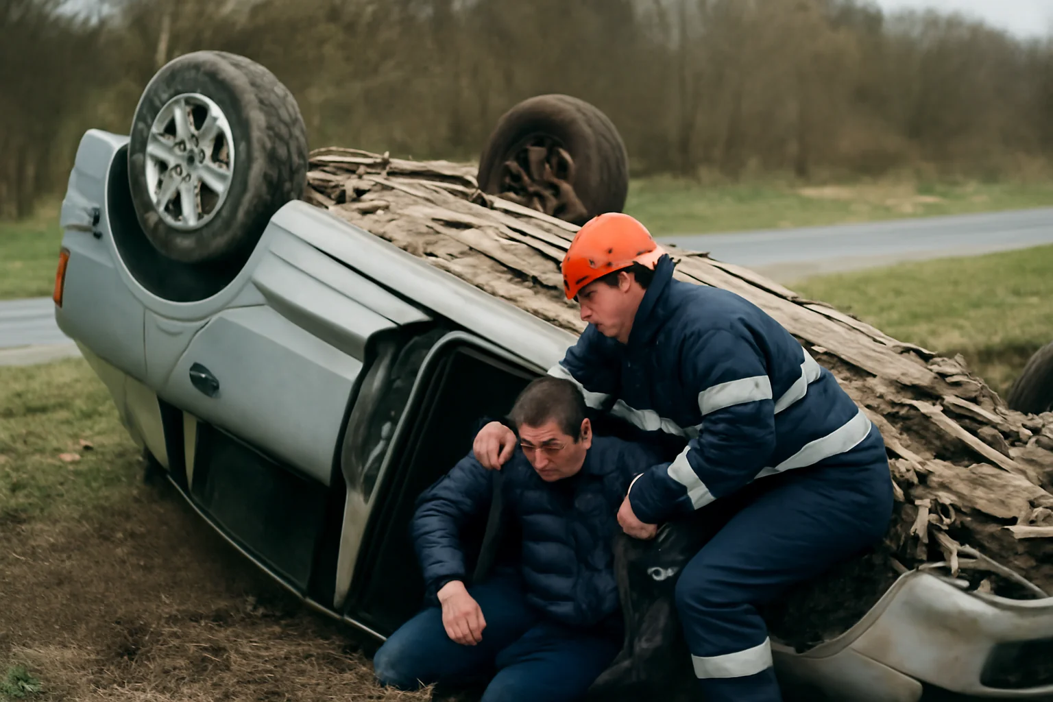 Mașină răsturnată în șanț, șoferul salvat de un pompier aflat în timpul liber