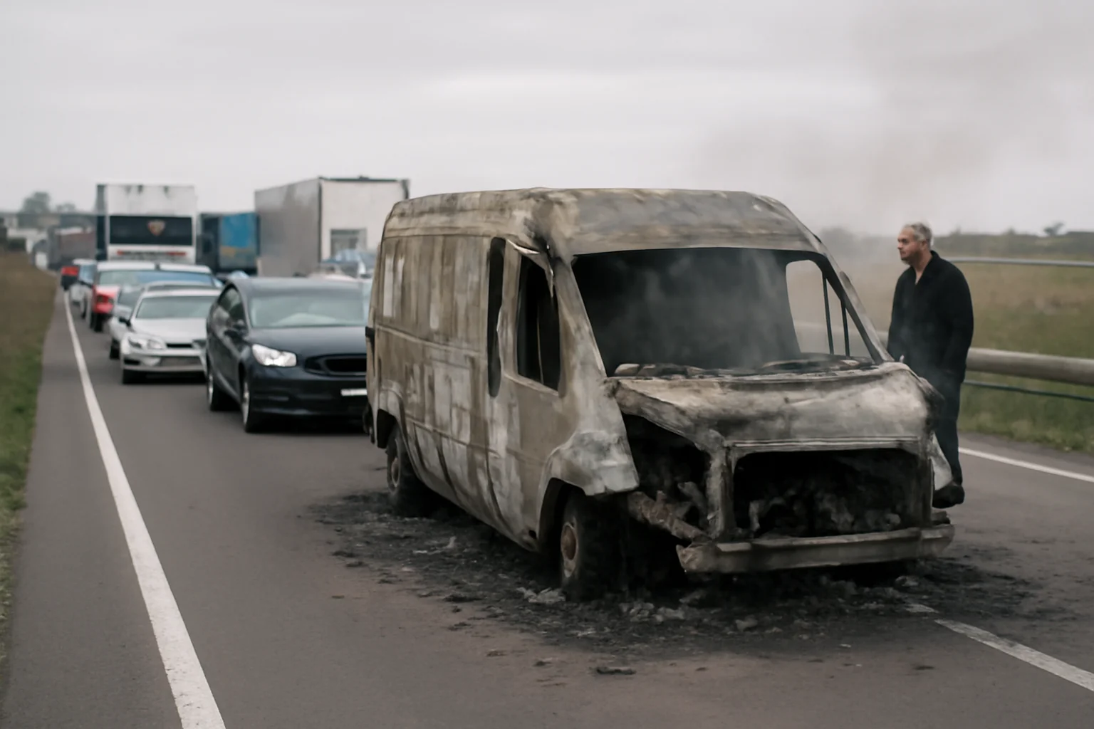 Trafic rutier îngreunat la Oradea după incendiul unei autoutilitare lângă aeroport
